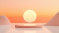 A pink podium with a white circle behind it sits in a light pink room with a sunset background. Royalty Free Stock Photo