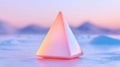A pink, translucent pyramid sits on a blue surface, with a blurred mountain range in the background. Royalty Free Stock Photo