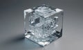 transparent cube-shaped object with complex, intricate pattern small cubes and lines, set against gray