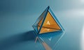 3D triangular object with blue and orange color scheme, featuring white \