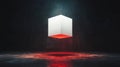 A white cube with a red interior is suspended in mid-air against a dark background. Royalty Free Stock Photo