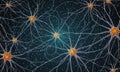 digital complex network interconnected white and orange brain cells, with blue background and white lines