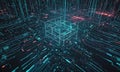 digital complex network interconnected lines and shapes, with central cube-like structure and gradient blue