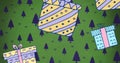 Image of presents falling over fir trees at christmas