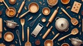 Flat lay kitchen wallpaper with gold and silver utensils on dark blue background Royalty Free Stock Photo
