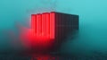 A futuristic building with glowing red lights and a black exterior stands on a body of water, surrounded by fog. Royalty Free Stock Photo