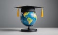 globe with graduation cap and tassels sits on black base, symbolizing global education and learning. Royalty Free Stock Photo