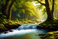 Hyper realistic landscape through the forest with a flowing river generated by ai