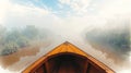 Misty River Journey: Wooden Boat View Through Tropical Forest, Calm Water Reflection Royalty Free Stock Photo