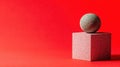 A gray sphere rests on a pink cube against a red background. Royalty Free Stock Photo