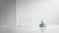 A minimalist room with a white cube, gray sphere, and gray cylinder. Royalty Free Stock Photo