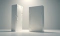 Two white rectangular boxes with curved design stand upright against white background, casting shadow on the