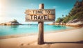 Time to Travel Wooden Sign Mockup on Tranquil Beach Royalty Free Stock Photo