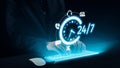 Digital Technology Concept Showcasing 24 hour Online Communication with Keyboard and Futuristic Clock Icon in Black Royalty Free Stock Photo
