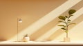 A minimalist indoor scene with a floor lamp, plant, and white vase on a white shelf. Royalty Free Stock Photo