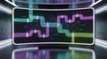 Futuristic Digital Network Visualization with Luminous Data Flow Paths and Interconnected Nodes on a Curved Screen in a Modern Royalty Free Stock Photo