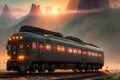 Splendid View of a Illuminated Green Locomotive Train on Rails during Sunset, amid Mountains. AI generated