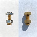 Mechanical parts featuring threaded bolts and hexagon nuts on a dual textured white background Royalty Free Stock Photo
