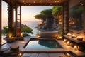 The image showcases a stone bathroom balcony, where a luxurious tub glows Royalty Free Stock Photo