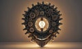 complex mechanical device with gears and cogs, illuminated by single light bulb, stands against plain