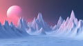 A surreal landscape with a pink planet and blue mountains. Royalty Free Stock Photo