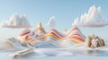 A surrealistic landscape with a rainbow-colored island, clouds, and rocks.