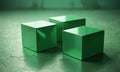 Three green cubes stand in triangular formation on textured green surface, with blurred background. Royalty Free Stock Photo