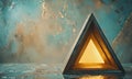 triangular light fixture with warm glow is centered against textured blue and green background, creating