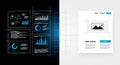 Modern minimalistic brochure design with data analysis graphs and charts on black background alongside mountain peak vector hero Royalty Free Stock Photo