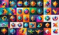 grid 24 vibrant, abstract icons in various shapes and colors, including circles, triangles, and geometric