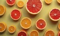 vibrant arrangement sliced grapefruit and oranges against yellow background, with the grapefruit displaying