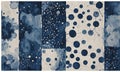 collage abstract patterns in shades blue and white, featuring circles, dots, and splatters, with textured Royalty Free Stock Photo