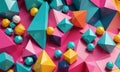 vibrant 3D collage geometric shapes in pink, blue, yellow, and orange, with mix triangular, rectangular, and Royalty Free Stock Photo