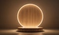 wooden podium with circular light source casts warm glow on white surface, creating serene and minimalist