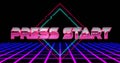 Image of press start text in pink metallic letters over neon lights Royalty Free Stock Photo