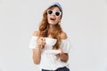 Image of pretty elegant woman 20s wearing sunglasses smiling and Royalty Free Stock Photo