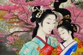 image of a pretty japanese geisha face at temple and surrounded by cherry flower in the background.