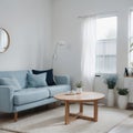 Pretty simple decor of living room with blue sofa and light blue wall