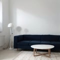 Pretty simple decor of living room with blue sofa and light blue wall