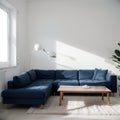 Pretty simple decor of living room with blue sofa and light blue wall