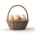 image produces a transparent background scene with a wicker basket holding bright Easter eggs Royalty Free Stock Photo