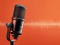 Image of a professional microphone against an orange backdrop, with superimposed sound waves - AI-Generated Royalty Free Stock Photo