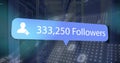 Image of profile icon with increasing followers and binary coding against computer server room Royalty Free Stock Photo