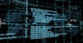 Image of programming language and scientific formulas over map against black background