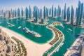 Promenade and canal in Dubai Marina timelapse with boats and luxury buildings around, United Arab Emirates. Royalty Free Stock Photo