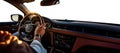 Hand holding the steering wheel. Generic panel. Driver\'s Point of View. Driver\'s Perspective. Transparent background.