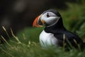 image of a puffin standing in green grass. Birds. illustration, generative AI