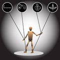 The image of a puppet and icons, symbolizing dependencies. Vector illustration