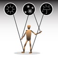 The image of a puppet with icons, symbolizing meteozavisimost. Vector illustration