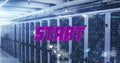 Image of purple text start, with social media notifications over computer server room Royalty Free Stock Photo